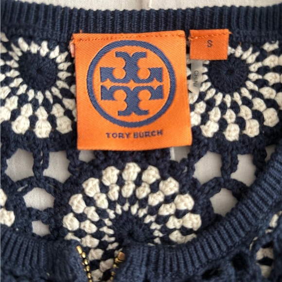 Tory Burch Crochet Cardigan Sweater Navy White Striped Zip Front Small - Picture 4 of 5